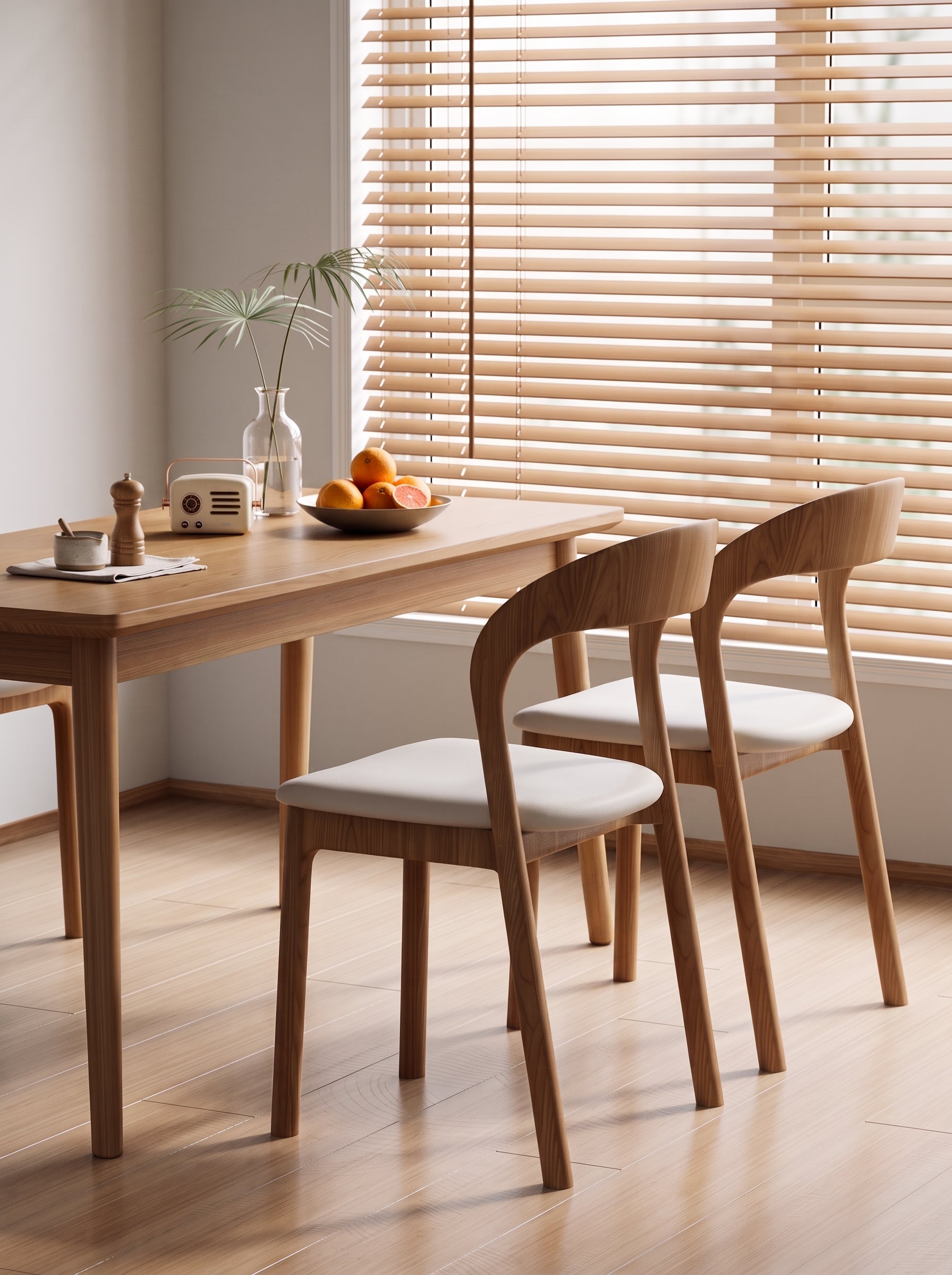 A minimalist dining room scene featuring a light oak wood dining table and two matching chairs with white upholstered seats, styled with a small vase, radio, and fruit near a window with wooden blinds.