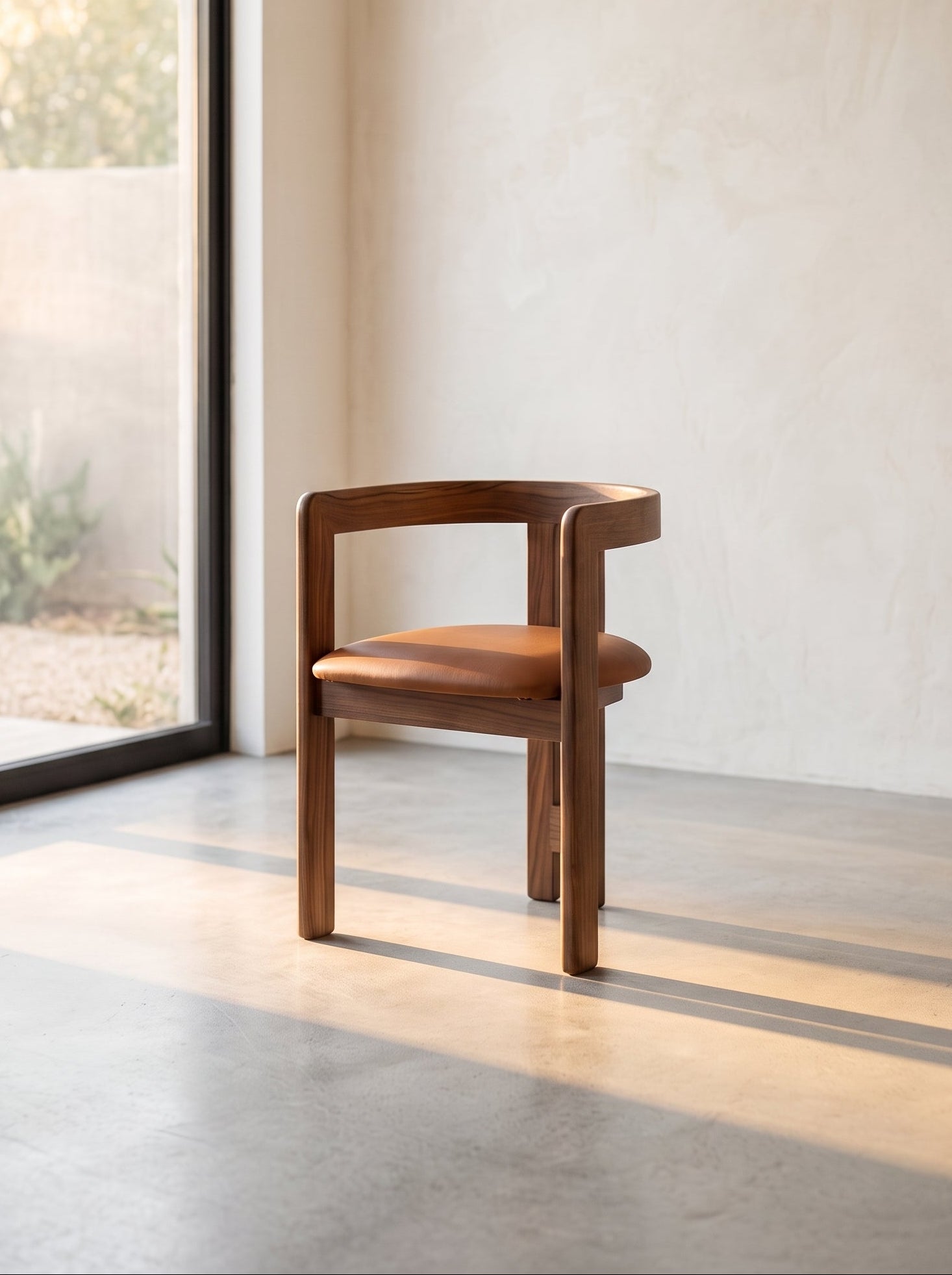A modern wooden dining chair with a curved backrest and a brown leather seat cushion, positioned in a minimalist room with a concrete floor, textured beige plaster wall, and a large window on the left.
