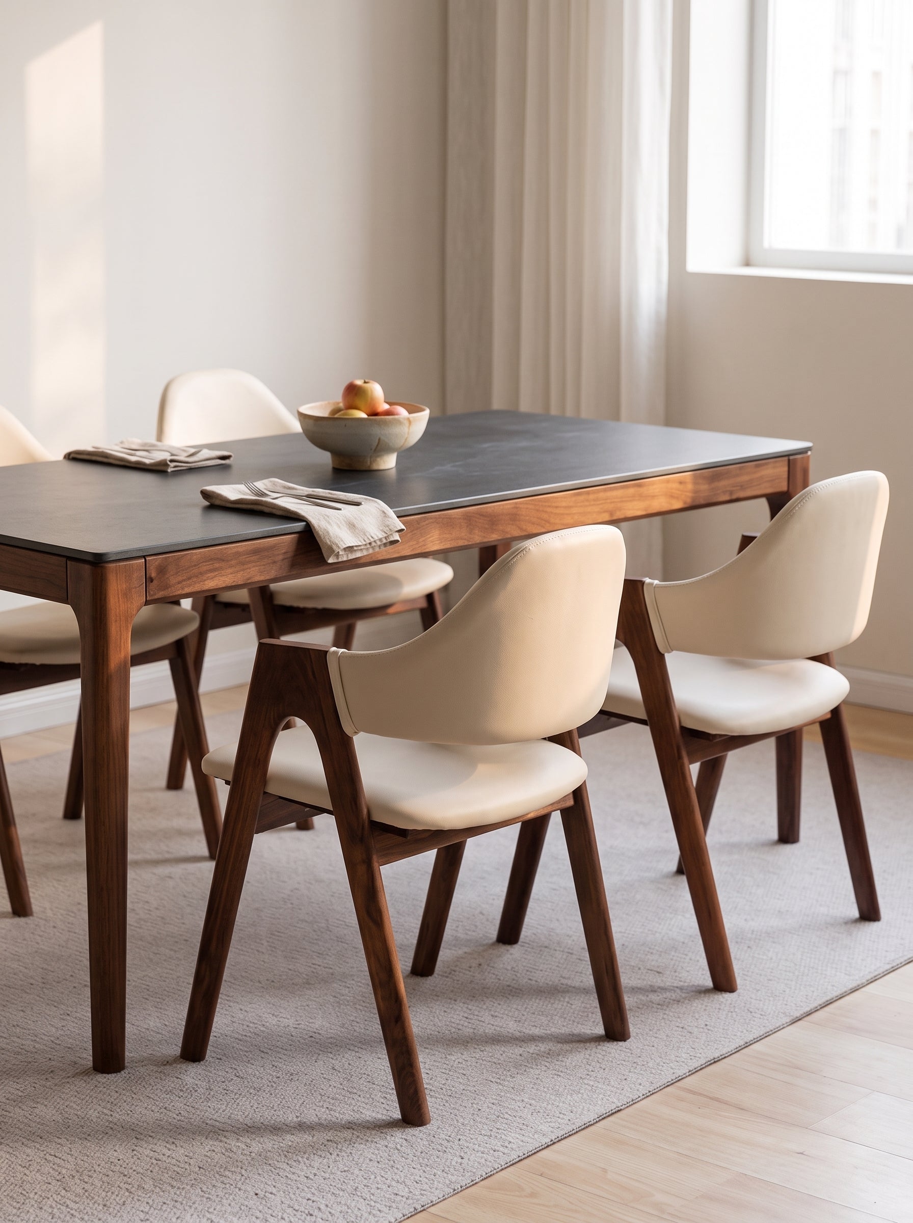 A mid-century modern dining table set with a dark wood rectangular table and cream upholstered chairs, styled on a light rug in a bright, minimalist dining room.
