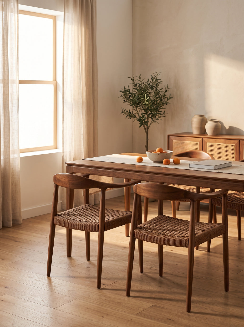 A mid-century modern dining set in a warm, sunlit room, featuring a rectangular wooden table and four matching chairs with woven cane seats.