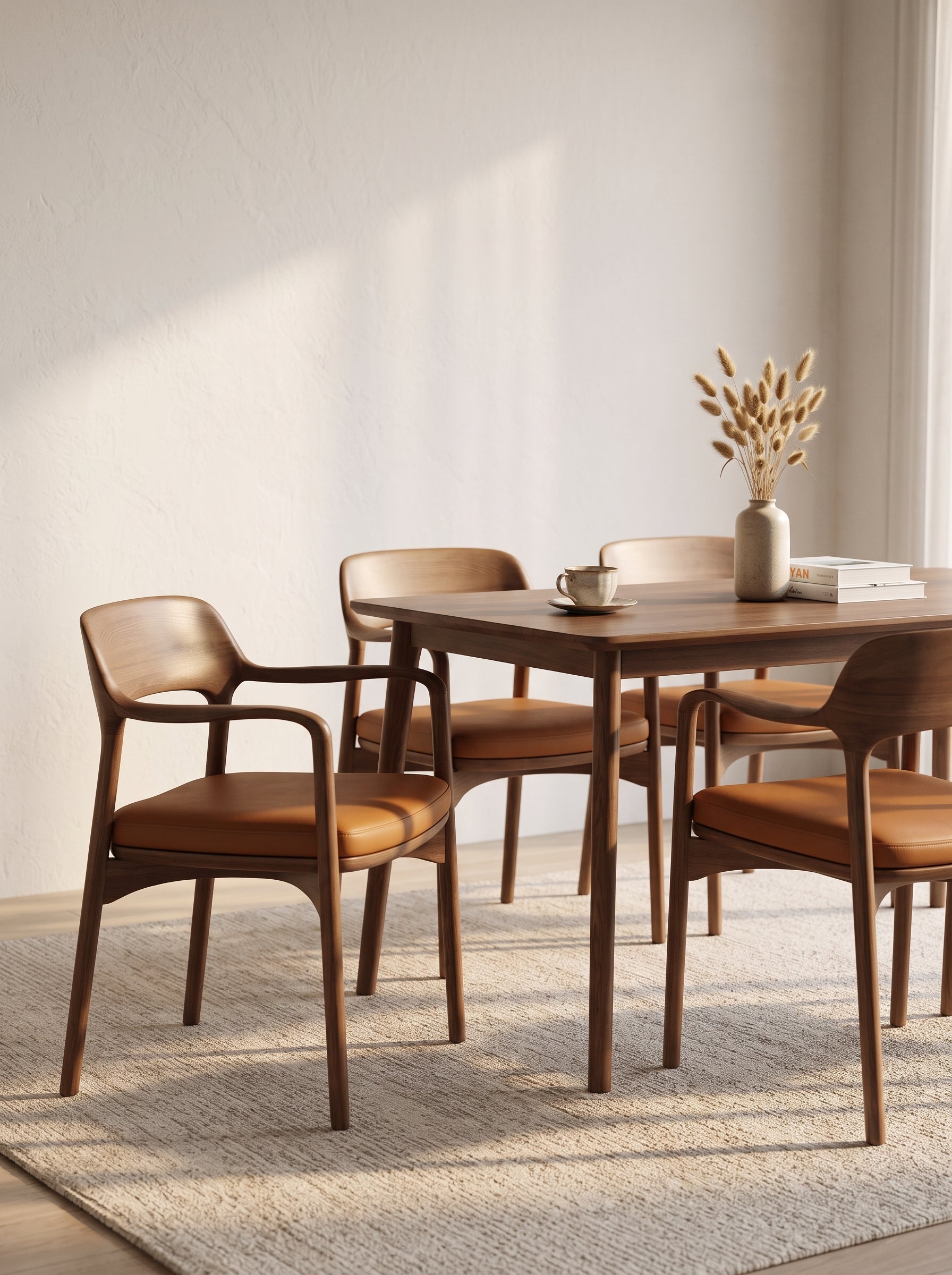 A mid-century modern dining set featuring a rectangular wooden table and four matching armchairs with brown leather seats, styled on a textured rug against a warm off-white wall.