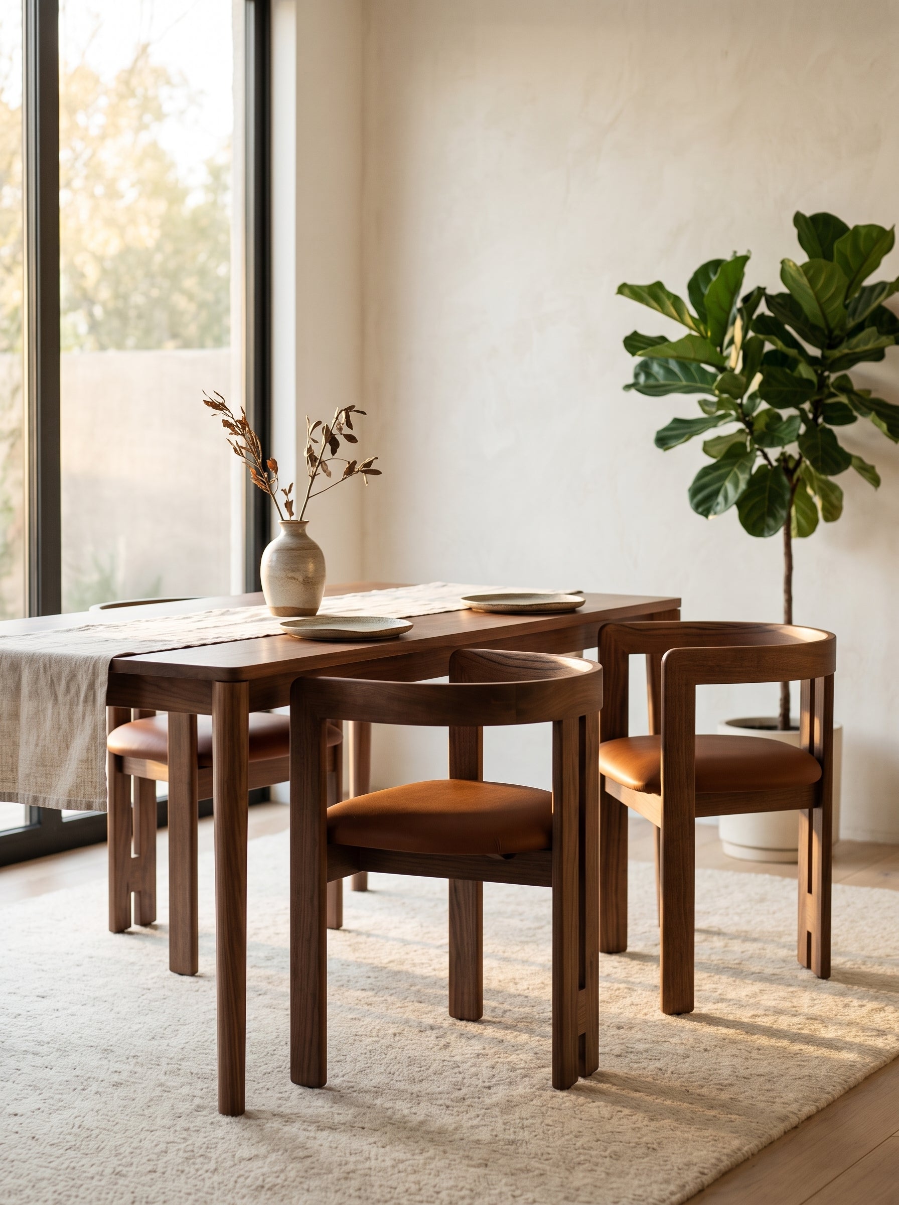 A modern dining set featuring a rectangular dark wood table and four matching armchairs with brown upholstered seats, styled in a bright, minimalist dining room with a large window, textured wall, and a potted fiddle-leaf fig plant.