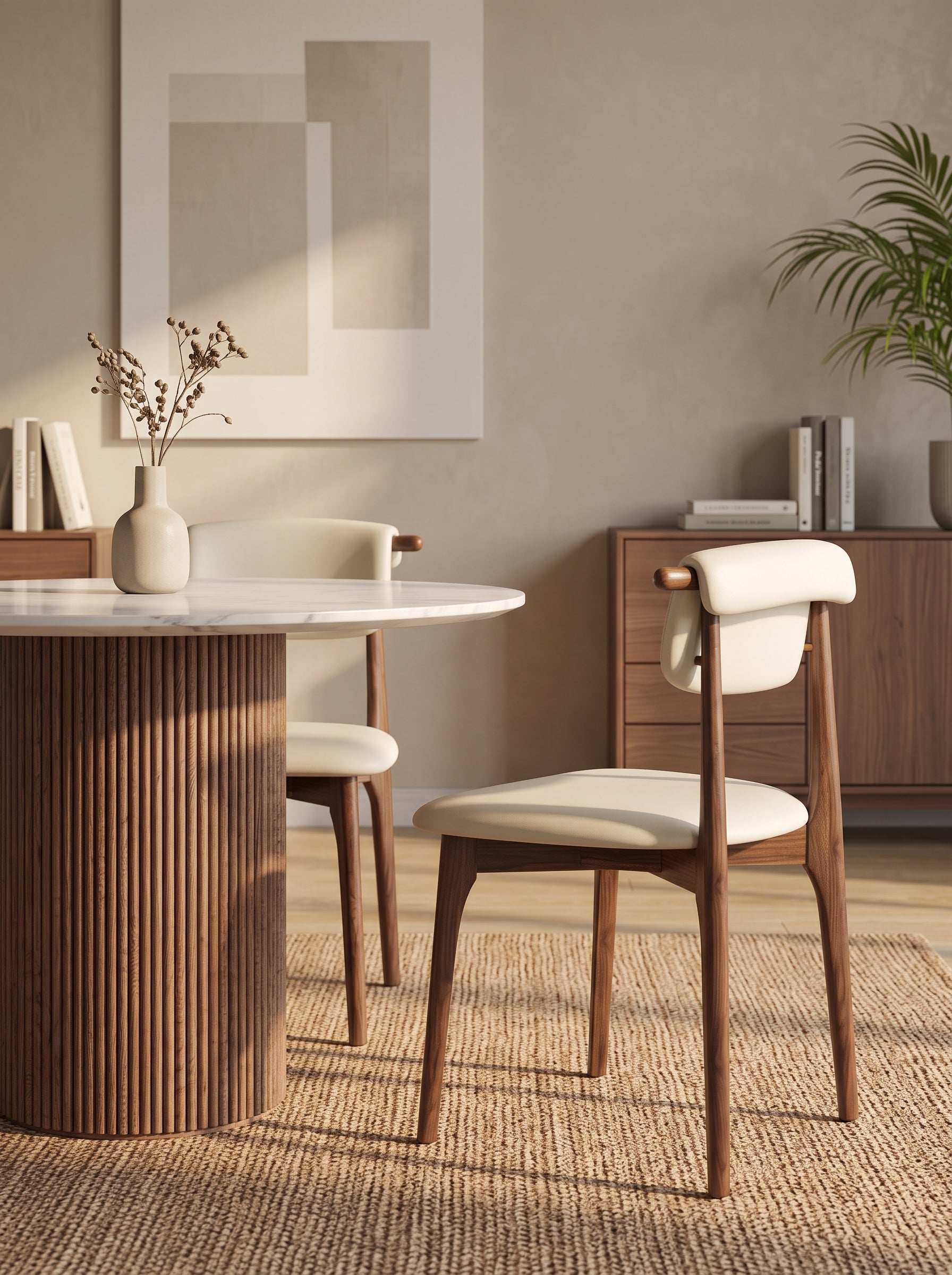 A modern dining room scene featuring a round white marble-top table with a fluted brown wooden pedestal base, paired with two mid-century style chairs with cream upholstered seats and backs on a woven jute rug.