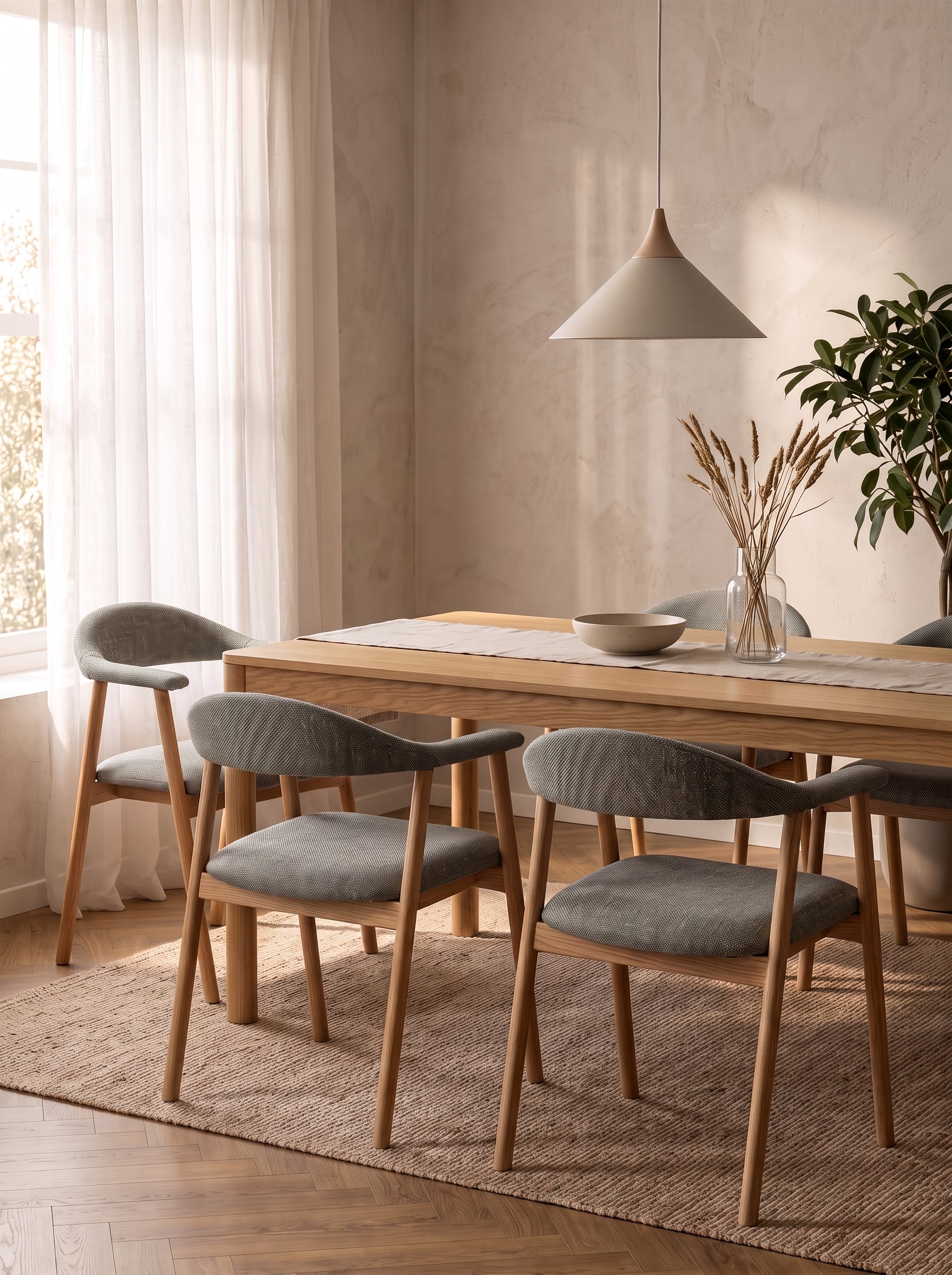 A dining room scene with a light wood rectangular table and six upholstered chairs in a soft gray fabric, arranged on a woven rug under a pendant light in a warm neutral interior.