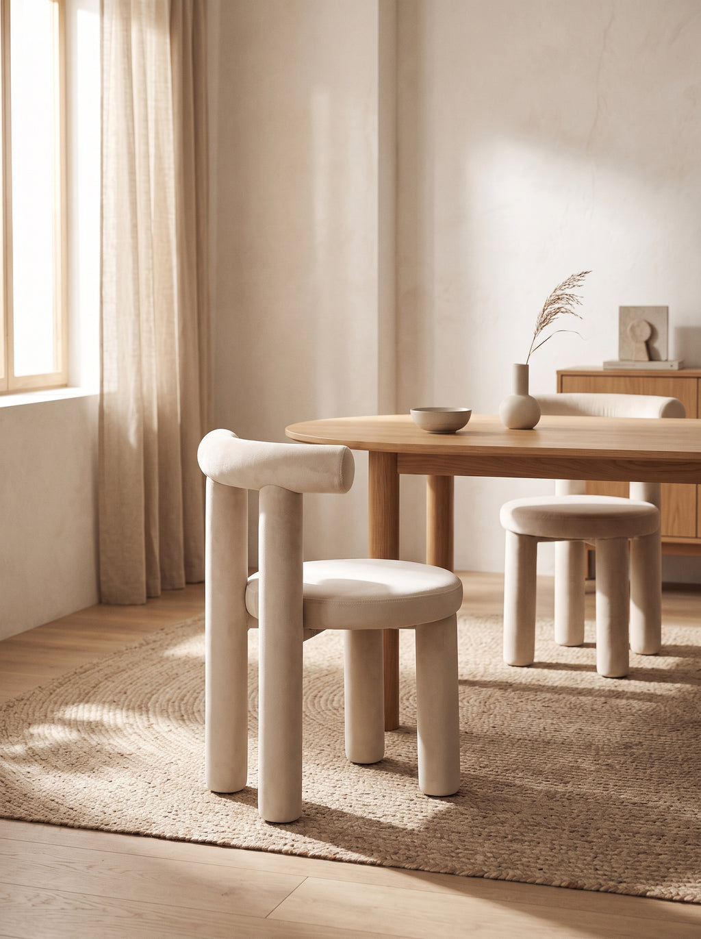 A minimalist dining area featuring a light wood dining table and matching stools with thick, rounded legs and curved backs, styled on a textured jute rug in a warm, sunlit room.