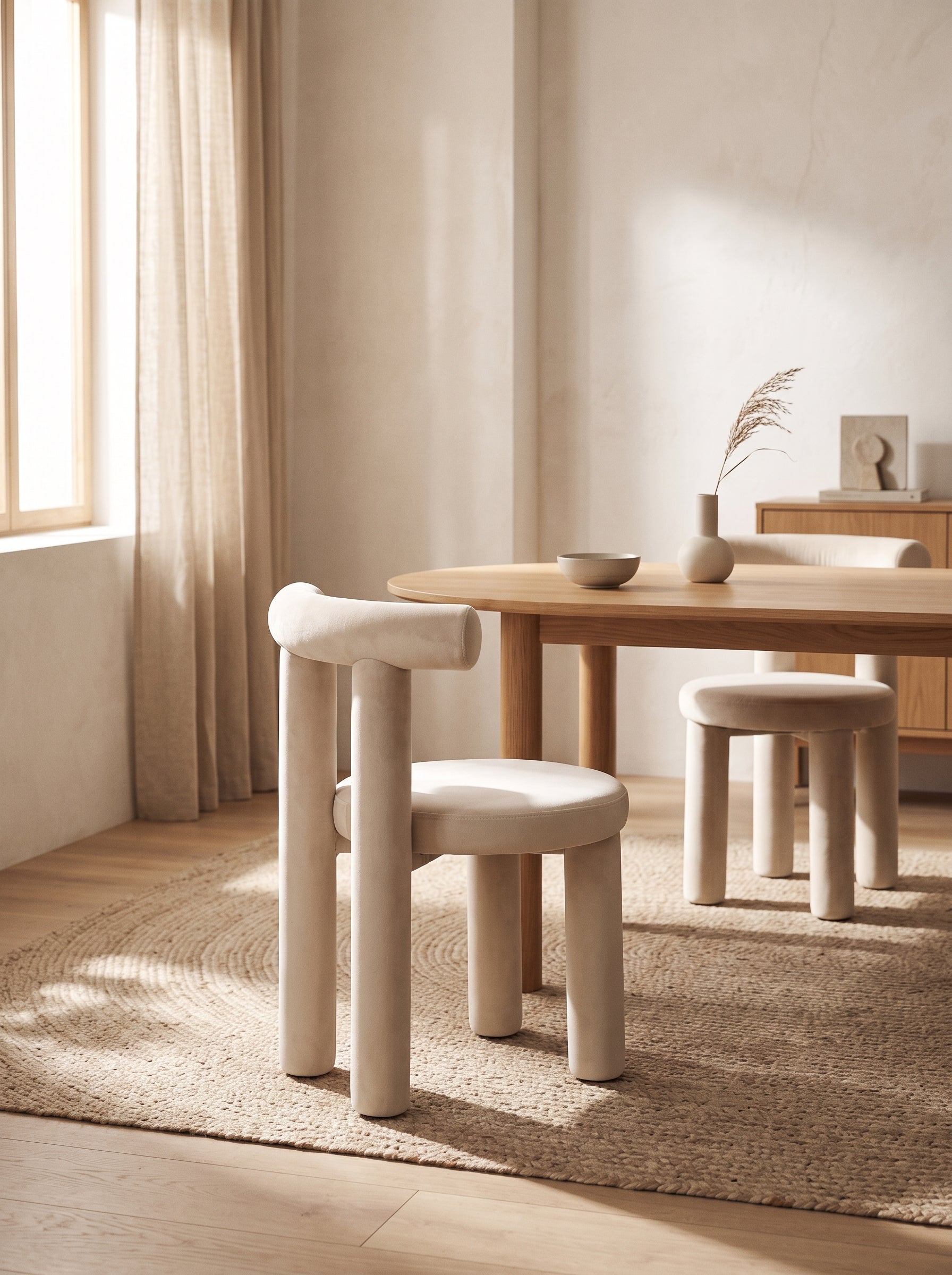 A minimalist dining area featuring a light wood dining table and matching stools with thick, rounded legs and curved backs, styled on a textured jute rug in a warm, sunlit room.